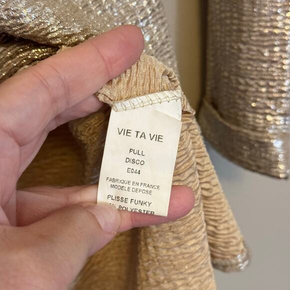 Vie Ta Vie Paris Blouse Womens XL Tan Metallic Plisse Funky Disco Evening Party - Picture 8 of 8